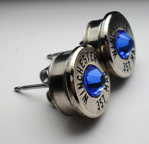 357 Magnum Winchester Nickel Bullet Head Stud Earrings Your Choice of Birthstone Swarovski Crystal