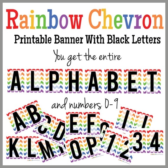 rainbow chevron printable alphabet banner black letters