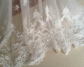 White Bridal Lace Trim Embroidered Mesh Fabric Lace Floral Lace 14.96 inches Wide Lace By The Yard