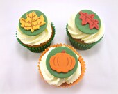 Fall Party Fondant Cupcake Toppers, Thanksgiving Toppers, Fall Leaves Pumpkin Topper, Edible Toppers, Fall Autumn Wedding Decor- set 12 Il_170x135