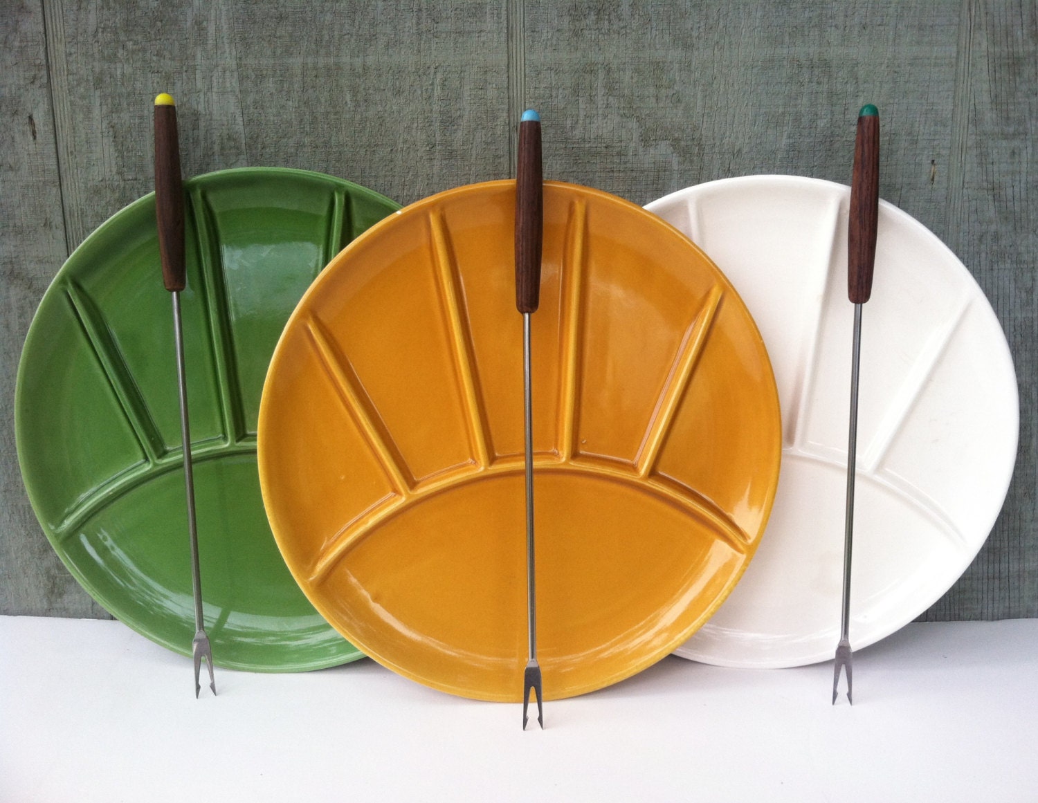 SALE Vintage Fondue Plate Set With Fondue Forks / Sushi