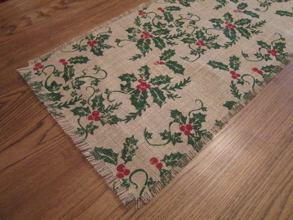Christmas Burlap Table Runner Holly by TenCentOrange on Etsy