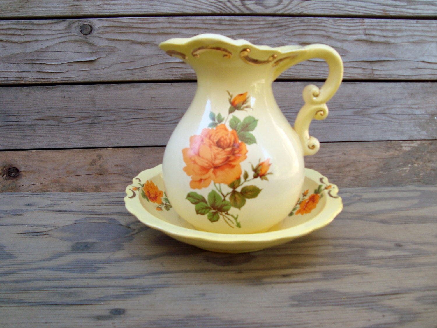 50 OFF Vintage Yellow Ceramic Pitcher and by WillowsEndCottage
