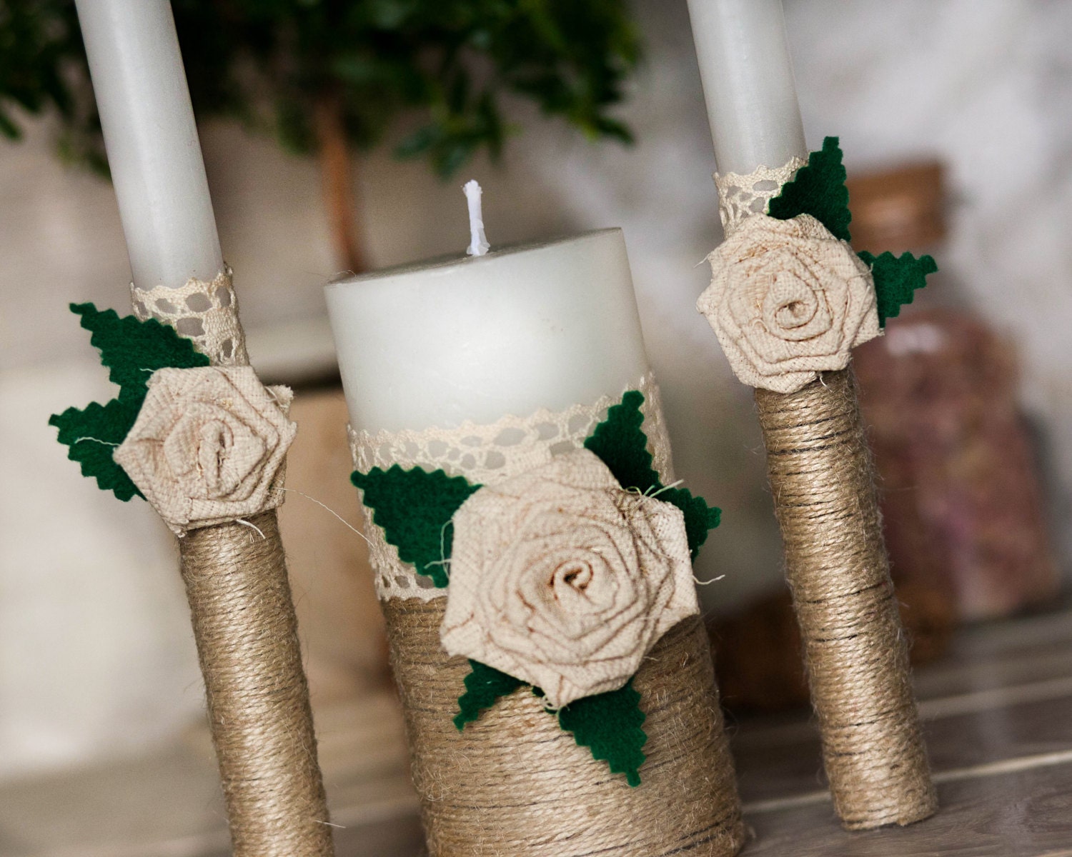 Ivory Unity candles with rope handmade burlap flower / Rustic