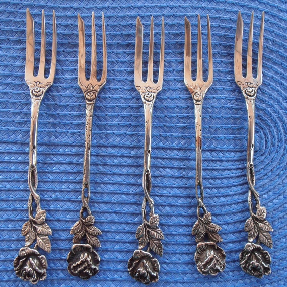 vintage 5 small 800 silver cake forks Hildesheimer Rose