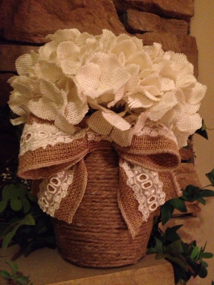 Twine Wrapped Jars with Burlap & Lace Bow and Burlap Flowers
