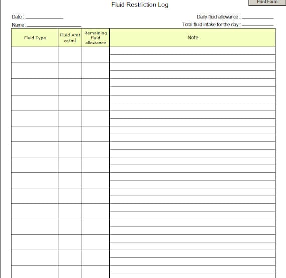 Fillable Fluid Restriction Log / PDF/ Digital Health forms/