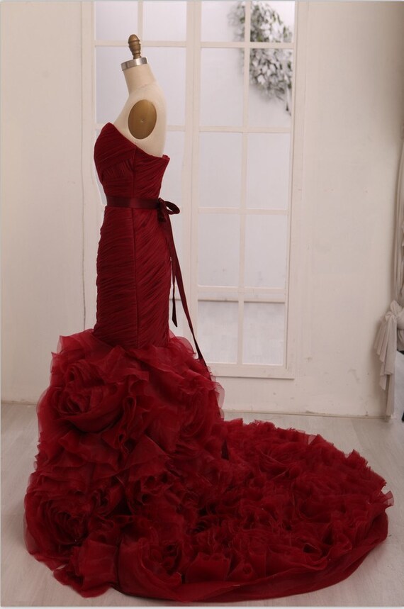 Vera Wang Inspried Wine Red Burgundy Organza Mermaid Weding Dress ...
