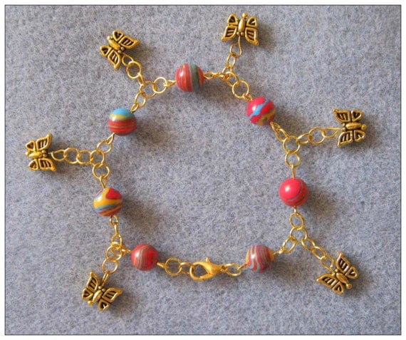 Handmade Gold Anklet with Striped Gemstones & Butterflies by IreneDesign2011