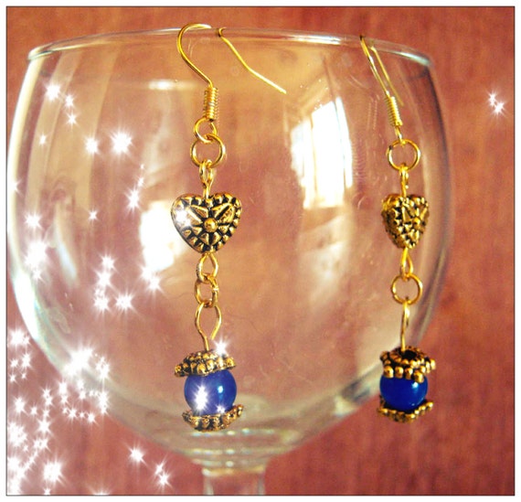 Handmade Gold Hook Earrings with Blue Sapphire & Heart by IreneDesign2011