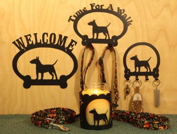 Bull Terrier Item Grouping  Welcome Sign, Time for A Walk Leash Hook, Key Rack, Candle Holder for Yankee Type Jar Candles