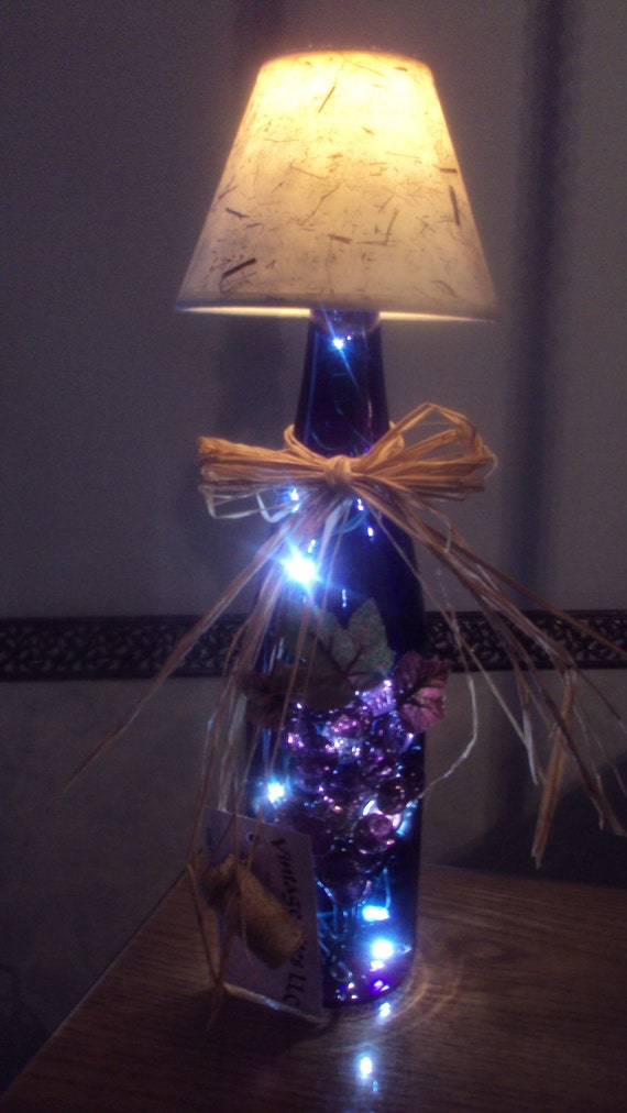 Wine bottle lamp with shade in deep cobalt blue by VintageLitesLLC