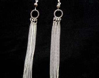 Silver chain tassle earrings, Long silver earrings, Silver chain earrings, Elegant silver earrings