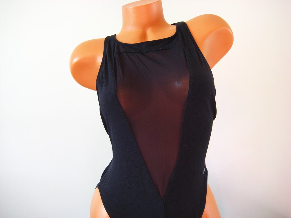 1990s Swimsuit Peek A Boo Sheer Mesh Deep V Cut Out by SwimSkins