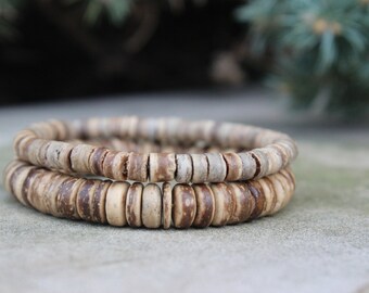 Men's Heishi Coconut Bracelet /8 or 6mm Coconut Disc Elastic Boho Surfer Rocker Modern brown and blue