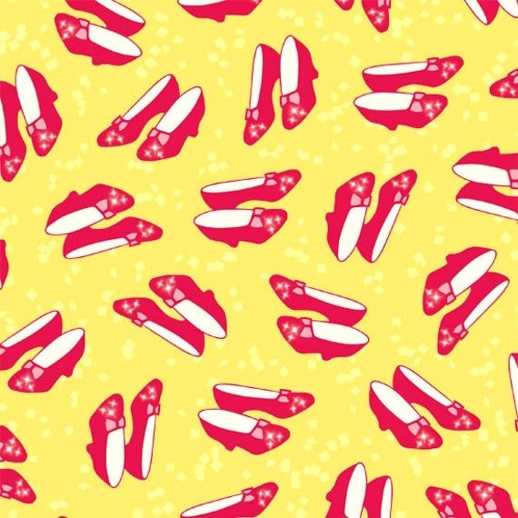 VIP Fabric Wizard of Oz Dorothy's Red Slippers on Yellow Back (By 1/2 yd)