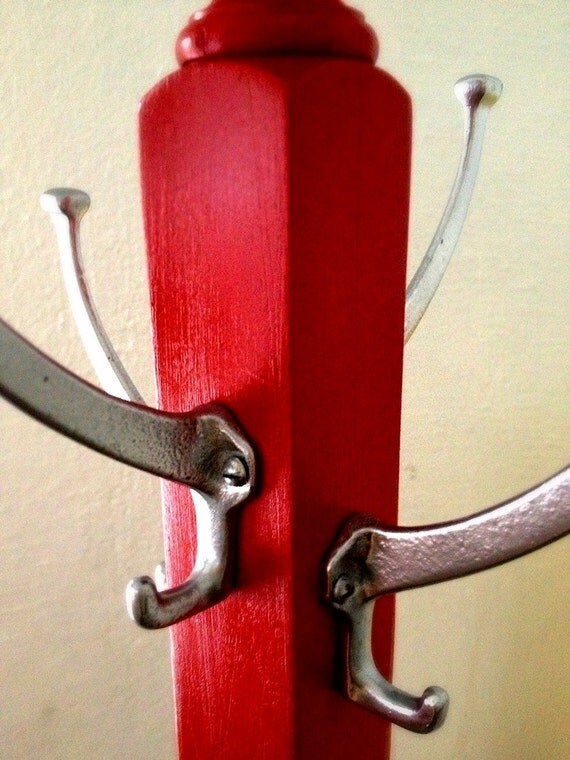 Upcycled Cherry Red Wood Standing Coat Rack with Metallic