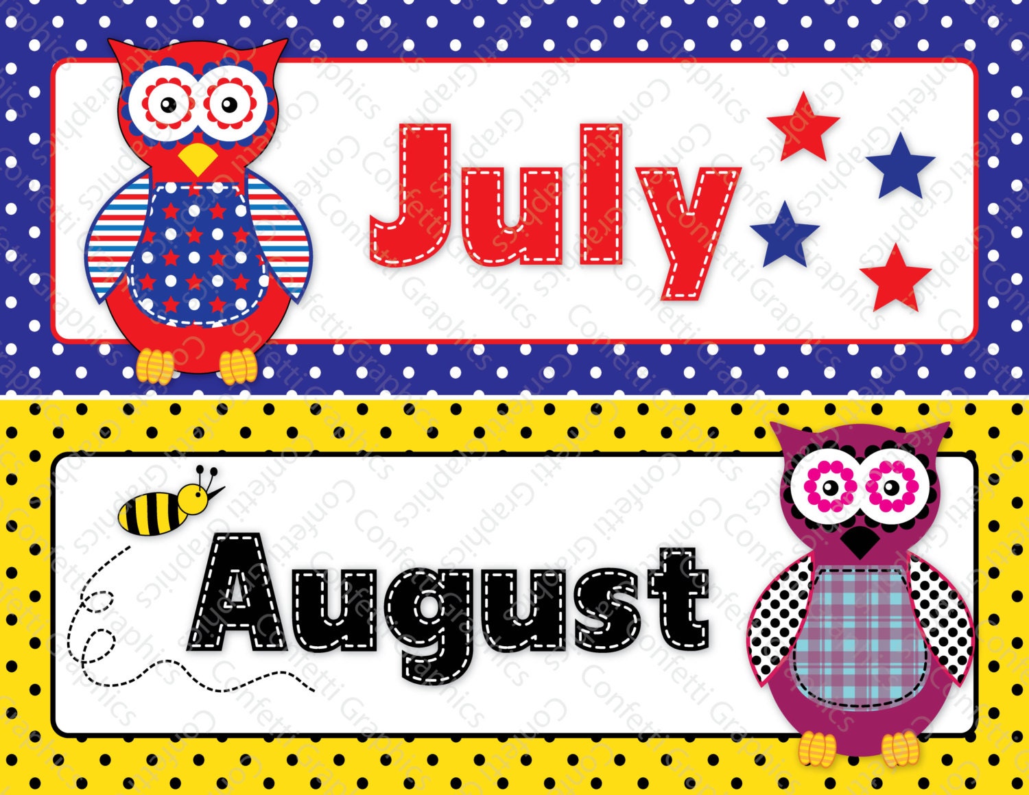 Calendar Months Cards Owl Polka Dot Hobo by ConfettiGraphics