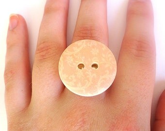 Pretty Pink Patterned Wooden Button Adjustable Ring, Cute, Feminine, Swirl