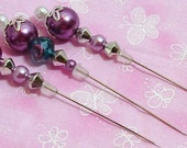Set of 3  Handmade 3 inch stick/hat pins beads,10 mm lampwork bead,12 mm pearl bead, silver caps,embellished with pearl and glass beads