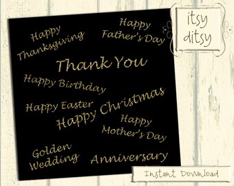 Digital embellishments - Gold Glitter overlays - clip art words - Printable greetings - occasions typography - PNG and JPG Instant Download