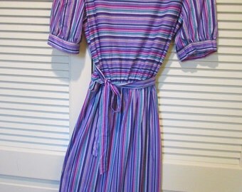 Vintage 70s OOPS CALIFORNIA Dress PurplesPinks/Green/White Stripe Size 11/12