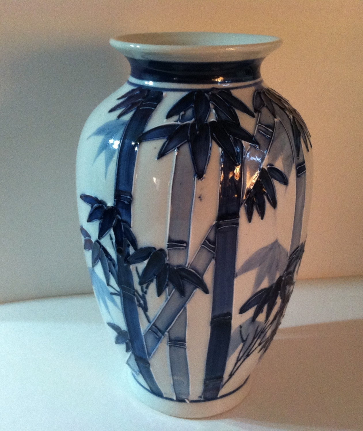 Japanese Cobalt Blue Porcelain Vase With Raised Bamboo