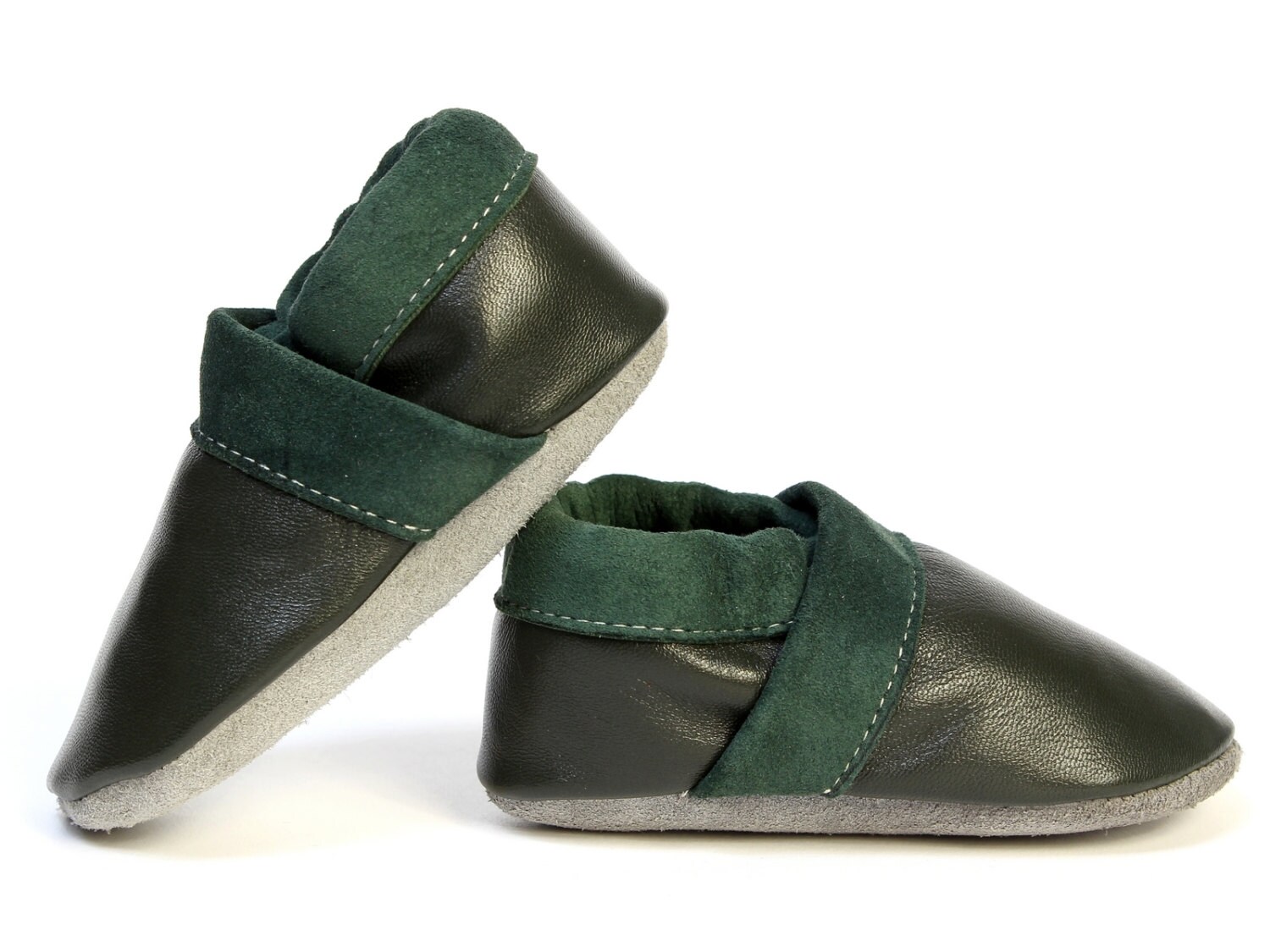 Baby Boy Girl Leather Slipper Shoes Soft-Sole Lamb dark green Size 3 - 7,5