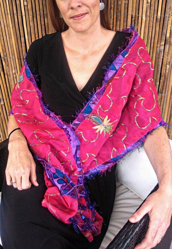 SALE Glamorous gypsy scarf from gold embroidered red by GypsyFray