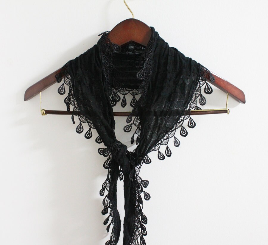 Black Lace Scarf Cotton Lace Scarf with Lace Edges by LitoPinkOwl