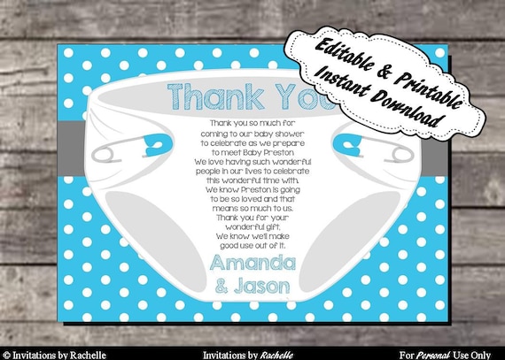 Diaper Thank You Card for Baby Shower or Diaper Bash Blue