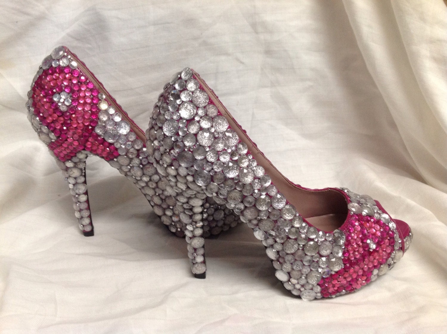 Breast cancer ribbon rhinestone encrusted pink heels
