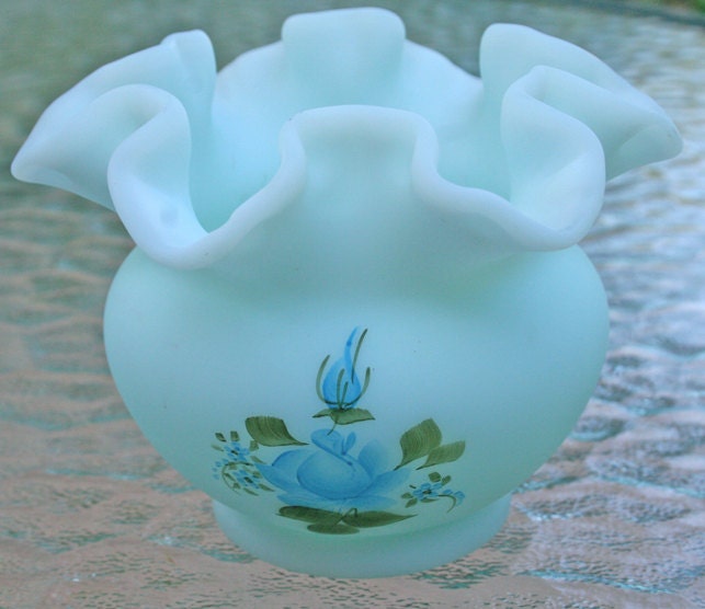 Fenton Blue Satin Ruffled Vase Hand Painted Blue Roses EC