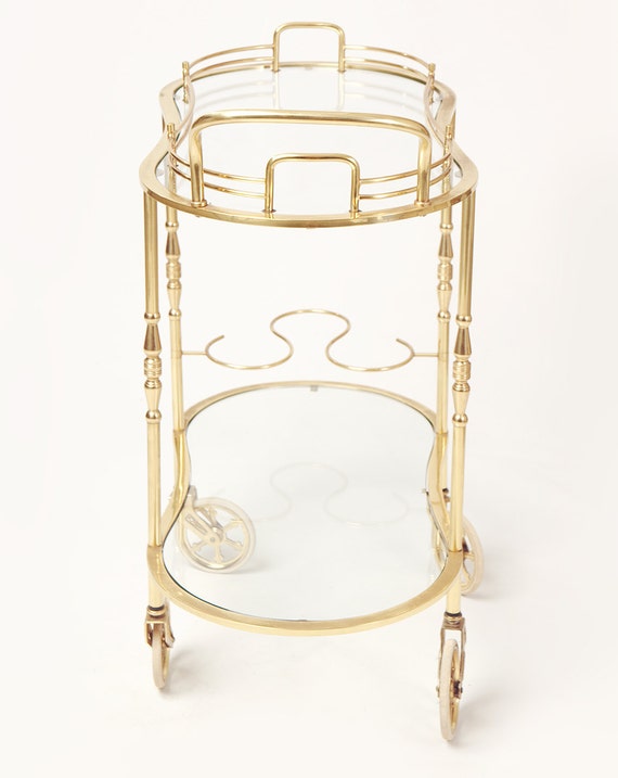 50s Brass & Glass Oval Bar Cart / Mid Century Gold Plated