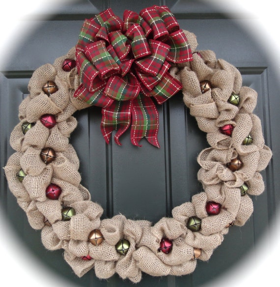 Burlap Jingle Bell Wreath with Plaid Bow