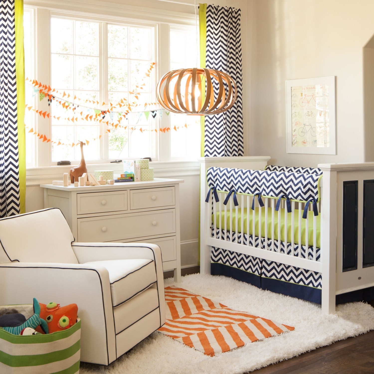 Boy Baby Crib Bedding Navy And Citron Zig Zag 3 Piece Zoom