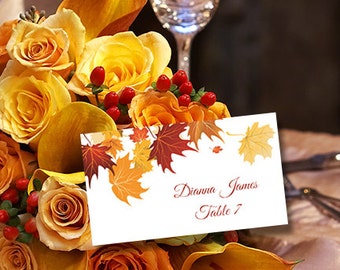 Printable Place Cards Template "Falling Leaves" Avery 5302 Compatible Editable Microsoft Word Tent Card Wedding or Thanksgiving DIY U Print