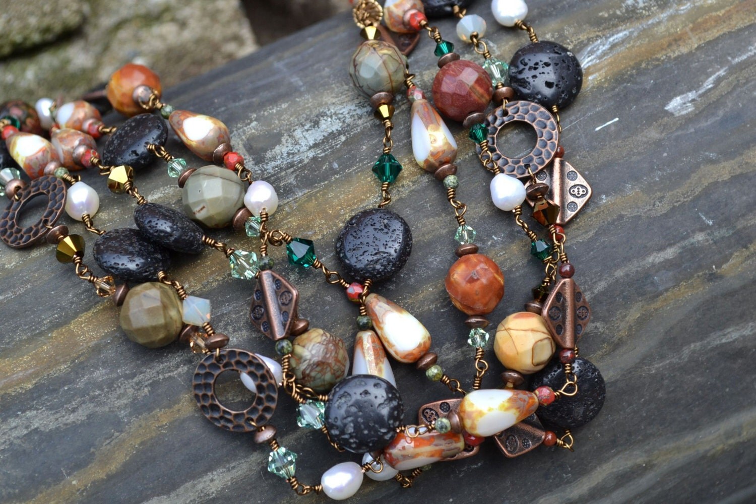 Earthy Gemstones Necklace Multistrand Beaded Necklace Rustic