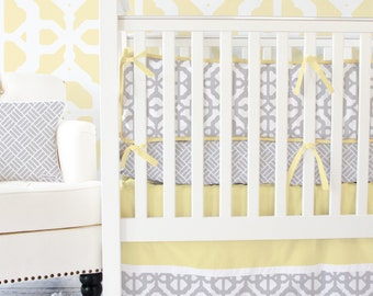 Yellow and Gray Mod Lattice Designer Baby Bedding, Modern Crib Bedding, Grey Baby Bedding