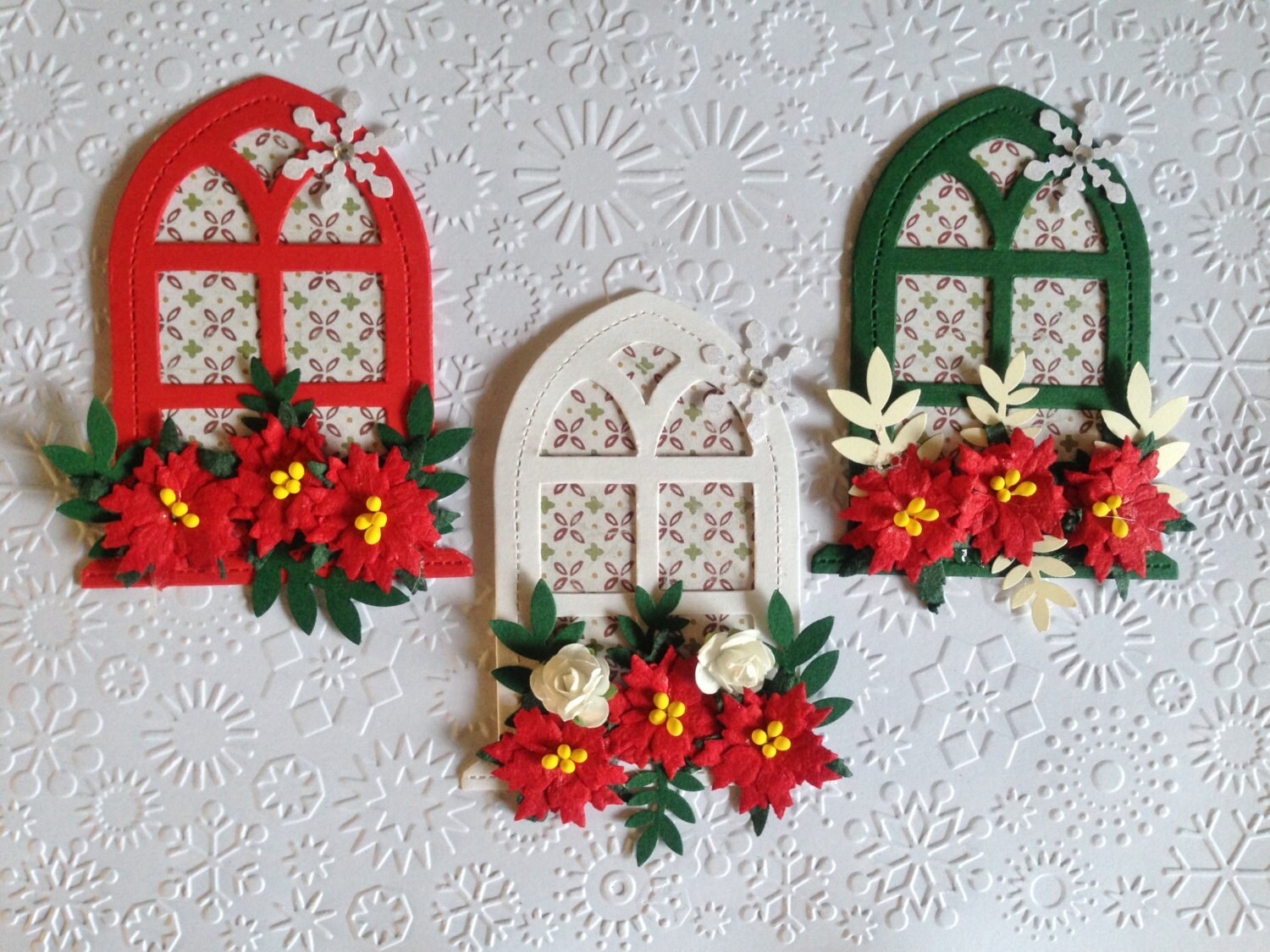 3 Handmade Christmas Floral church window card toppers for