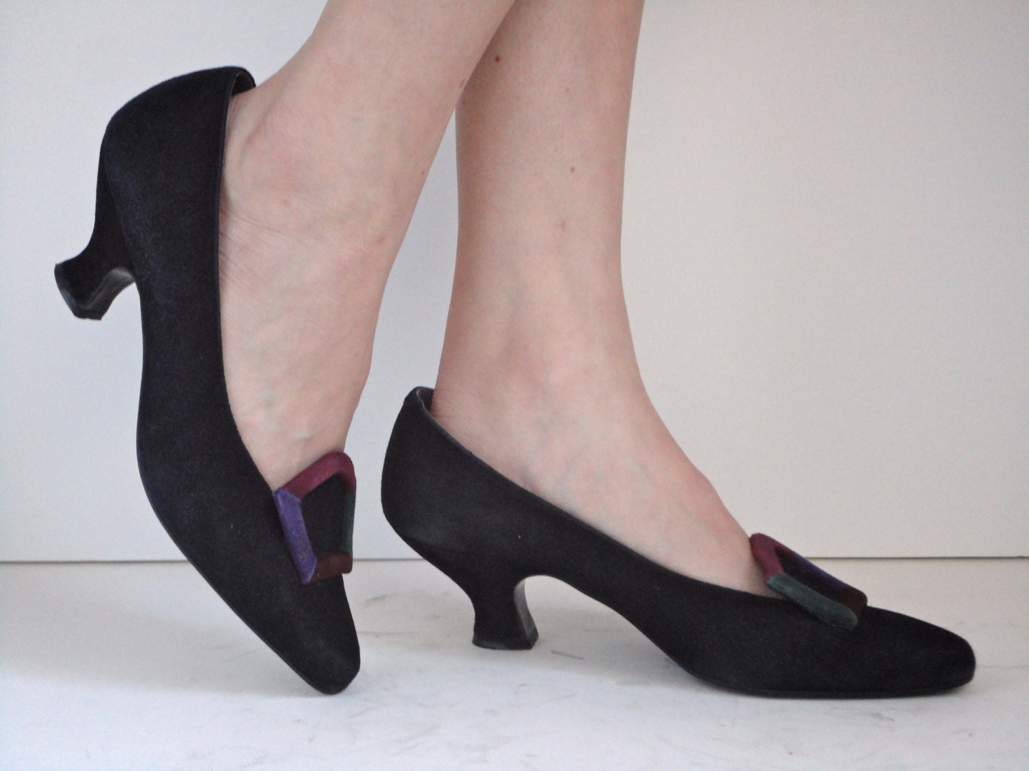 Sued leather black pumps french heels made in by HistoricalVintage