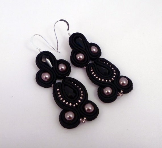 Items similar to SALE Earrings black and amethyst, beads and soutache ...