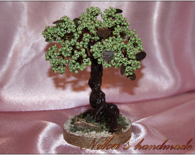 Beaded artificial green Feng shui Tree made of beads, coins and wire