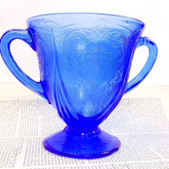 Cobalt Blue Royal Lace Depression Glass Creamer and Sugar