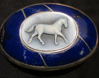 Sterling Silver, Afghanistan Lapis Belt Buckle with Carved Agate Cameo for 1 1/2" Belt. 3 1/4" by 2 1/4" measurements