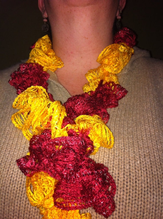 Crochet Ruffle Scarf in Garnet and Gold Team Colors