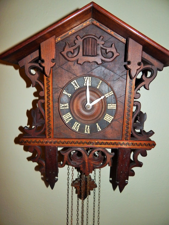Antique Wooden Train Station type Cuckoo Clock. This is an
