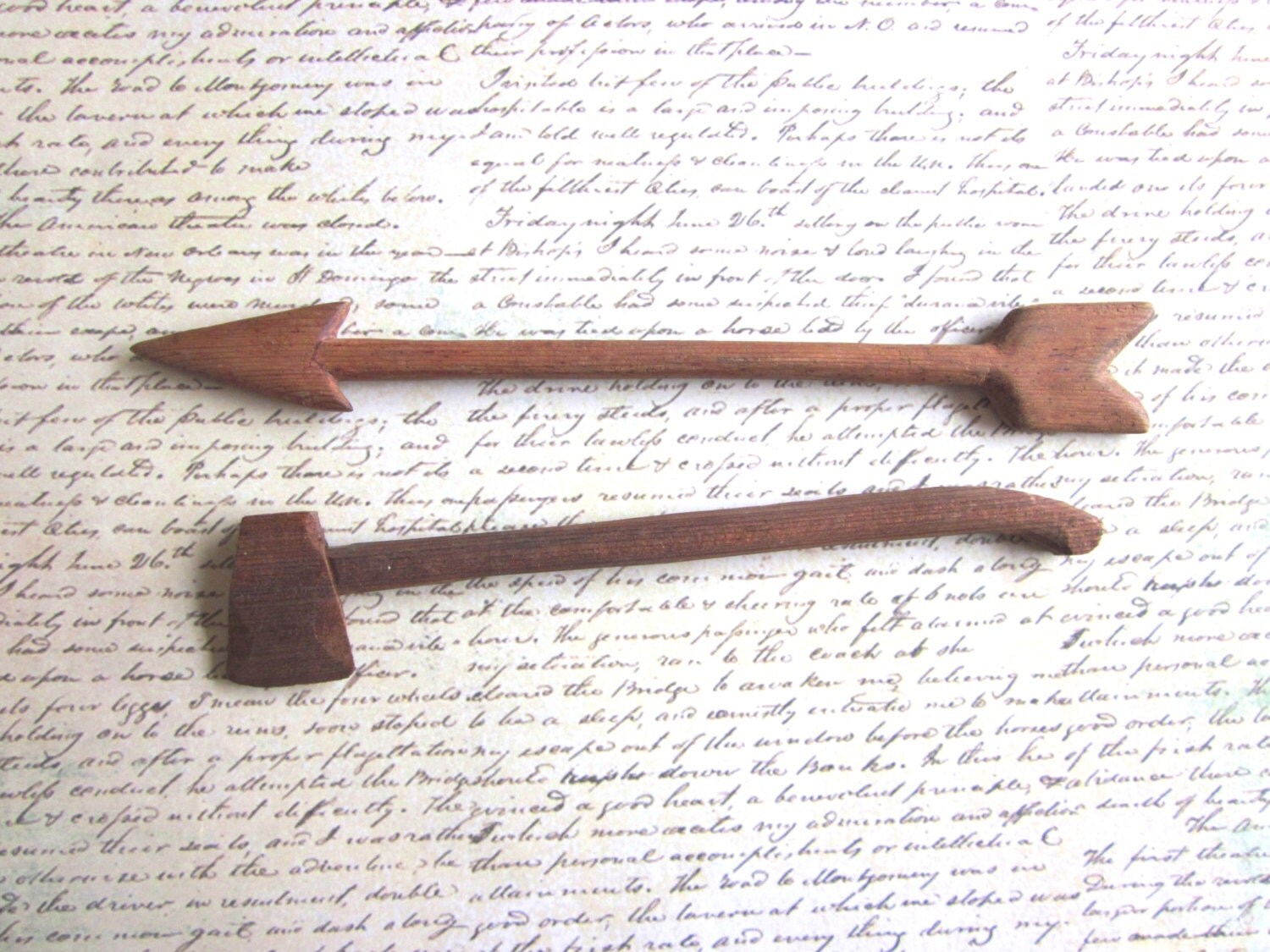 Vintage Carved Wood Arrow and Axe