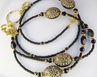 ENCHANTED EVENING Beaded Lanyard ID Badge Holder - Black and Gold
