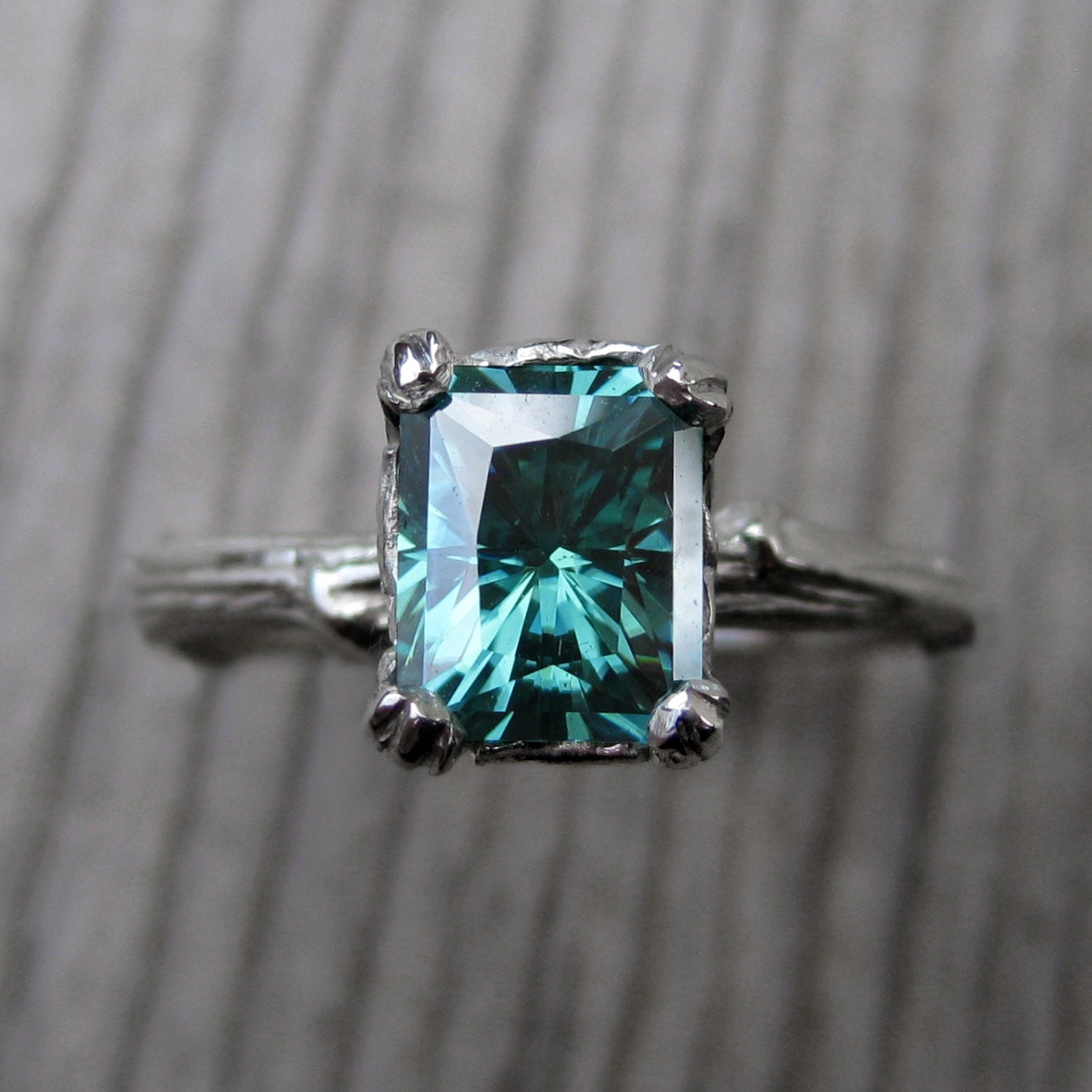 Green Emerald Moissanite Branch Engagement Ring: 1.25ct